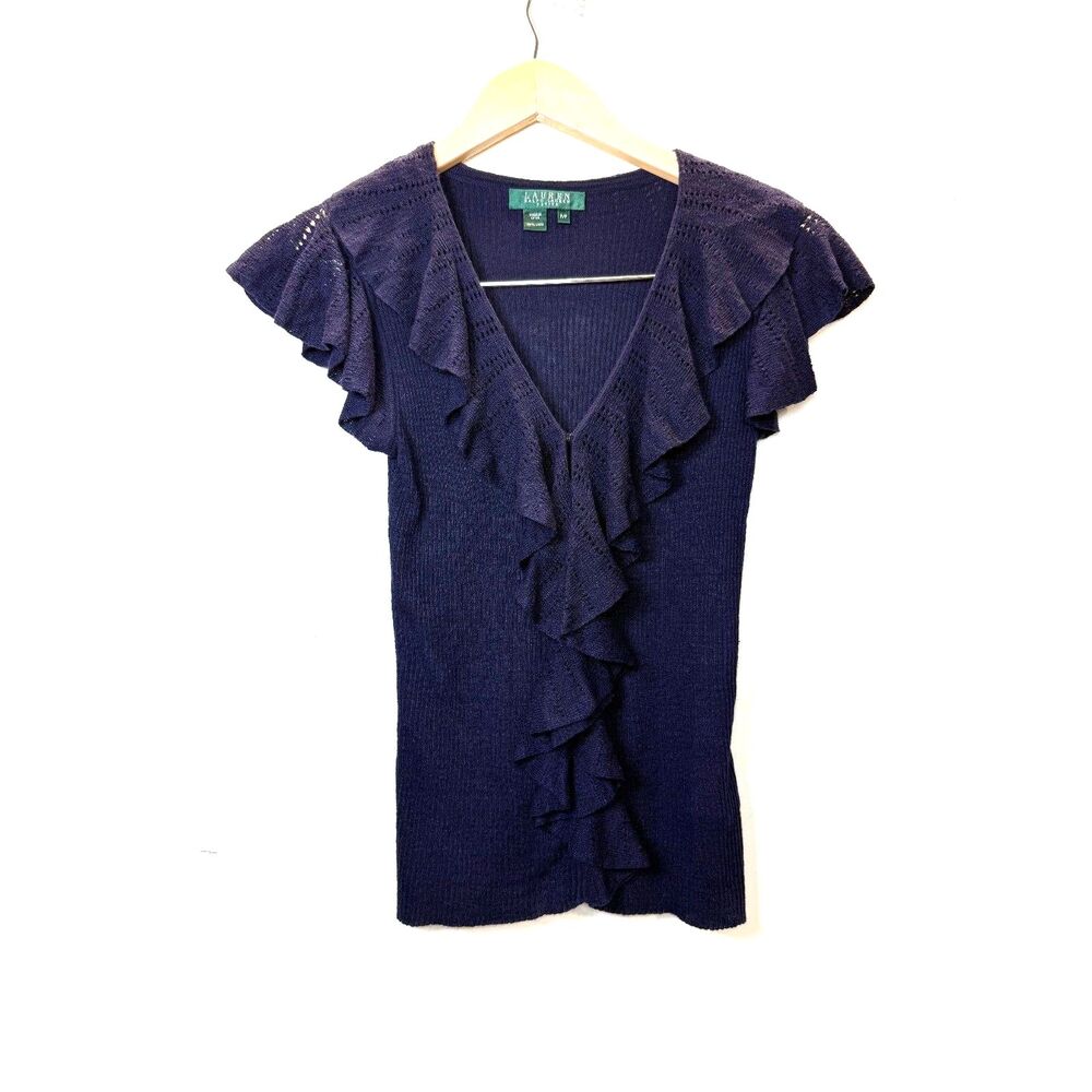 Lauren Ralph Lauren Women's Size Petite Small Navy 100% Linen Knit Ruffle Top